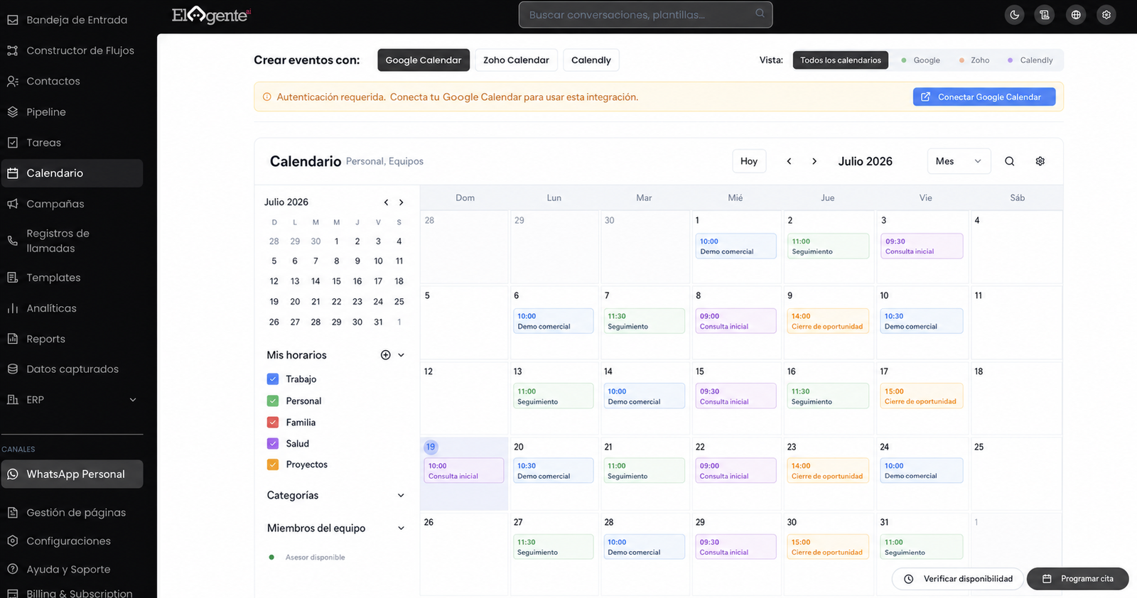 Calendario comercial conectado de El Agente AI