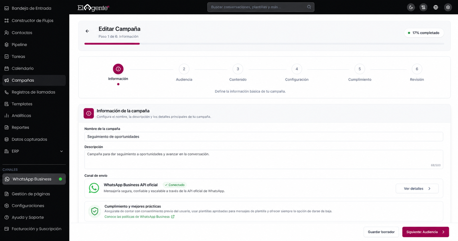 Creación de campañas con WhatsApp Business API oficial en El Agente AI