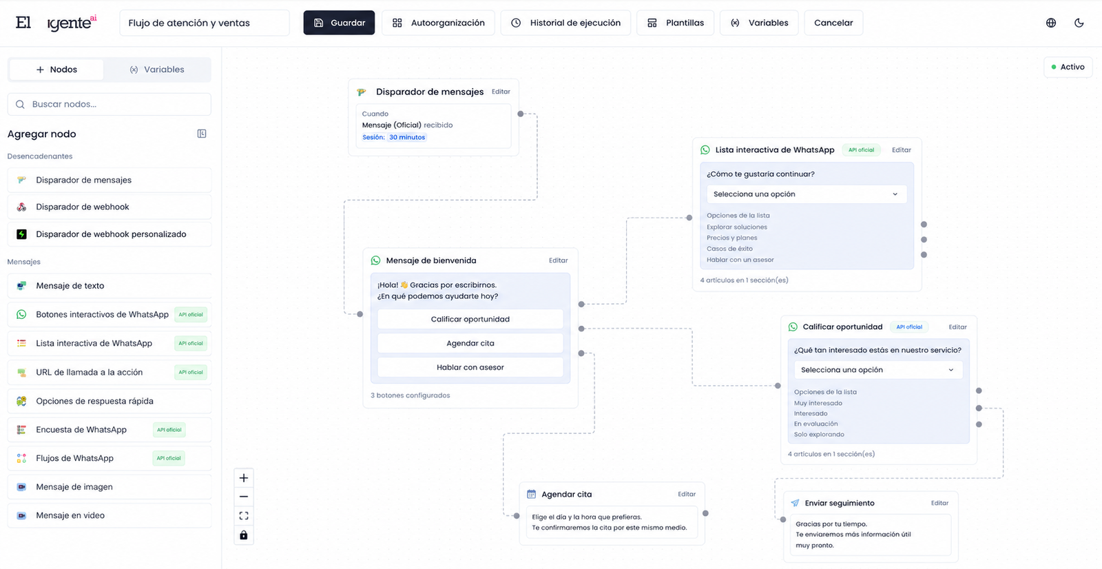 Constructor visual de flujos automatizados de El Agente AI