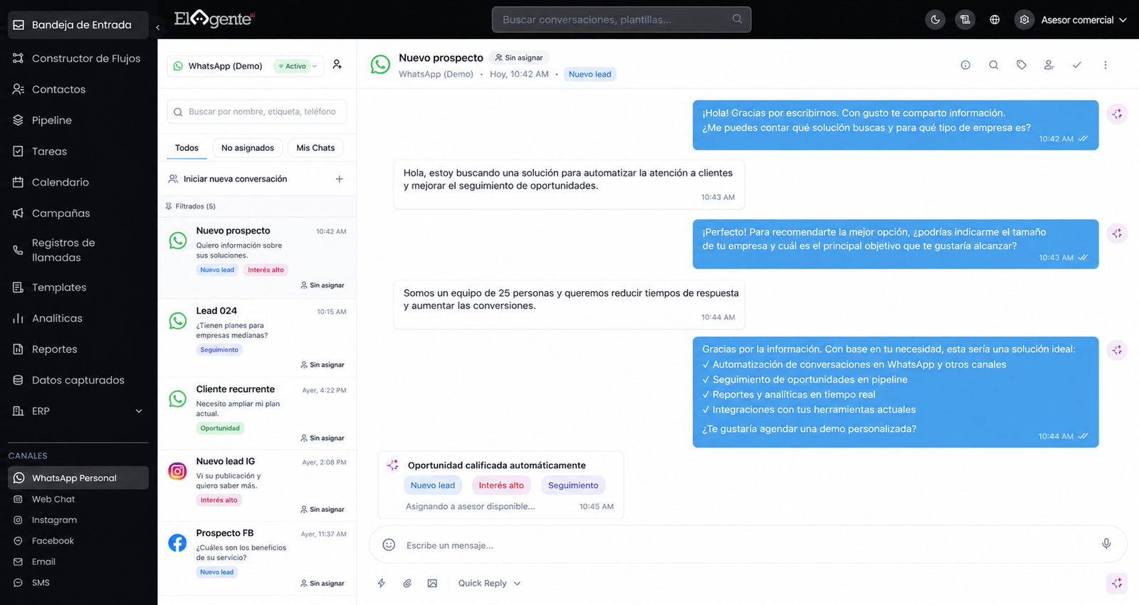 Bandeja multicanal de El Agente AI con conversaciones y oportunidades anónimas